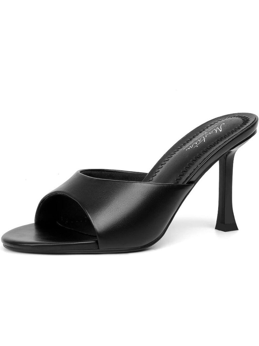 Women's Black Round Toe Kitten Heels Strapless Stiletto Backless Party Sandals
